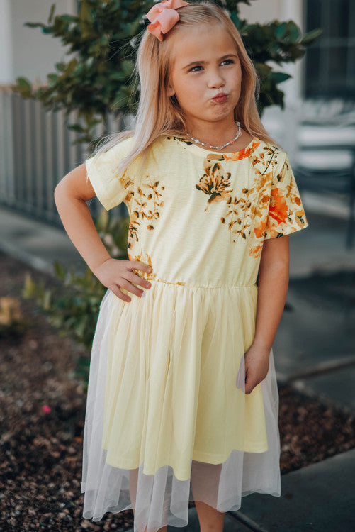 Girls Pastel Yellow Floral Empire Waist Tulle Dress