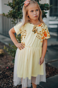 Girls Pastel Yellow Floral Empire Waist Tulle Dress