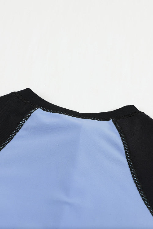 Teal Green Color Block Zip Up Rashguard Sports Top