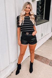 Black Tiered Lace Sleeve Striped Tee