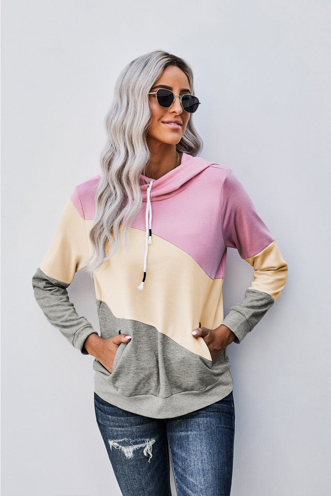 Pink Colorblock Pocketed Hoodie