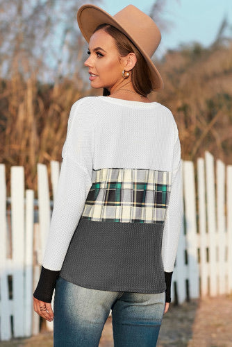 Green Plaid V-Neck Waffle Knit Long Sleeve Top