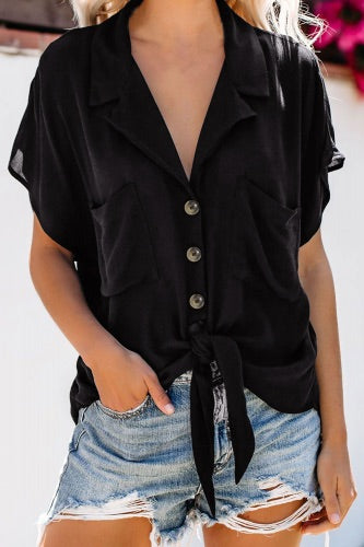 Black Button Up Loose Fit Tie Front Top