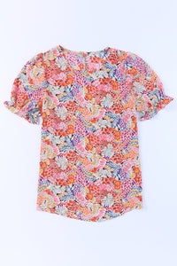 Multi Colored Floral Bubble Sleeve Tee Blouse