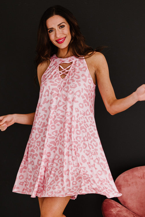Pink Leopard Sleeveless Halter Mini Dress