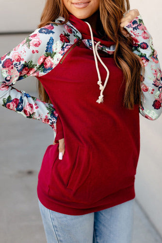 Red Floral Sleeve Asymmetrical Zip Double Hooded PulloverNice lightweight knit pullover.  Trendy Drawstring Double Hood.  Asymetrical Zip.   Is more fitted for sizes. 