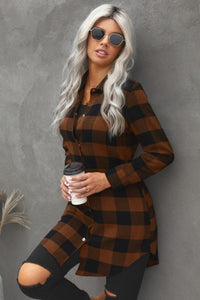 Brown Plaid Snap Up Long Flannel Shirt