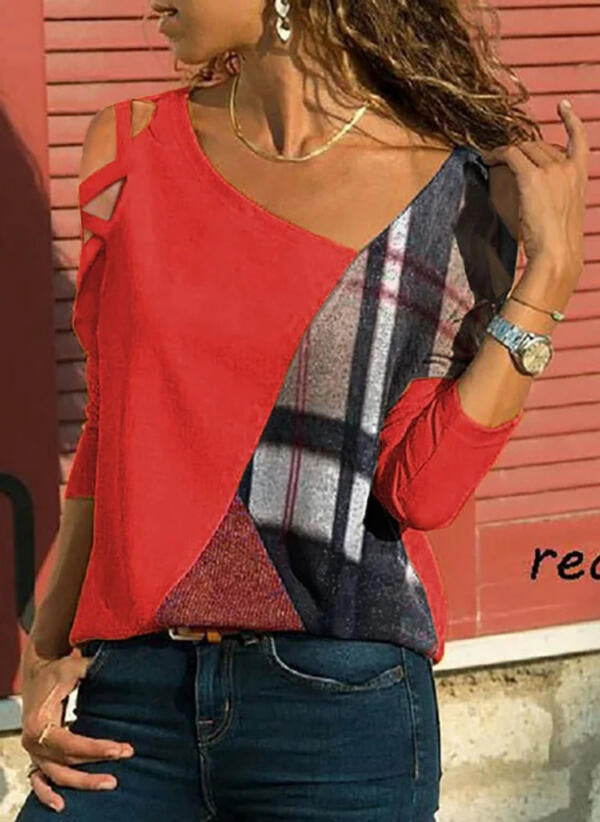 Red Plaid Cold Shoulder Top