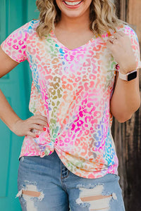 Multi-colored Leopard Print V-neck Knit Tee
