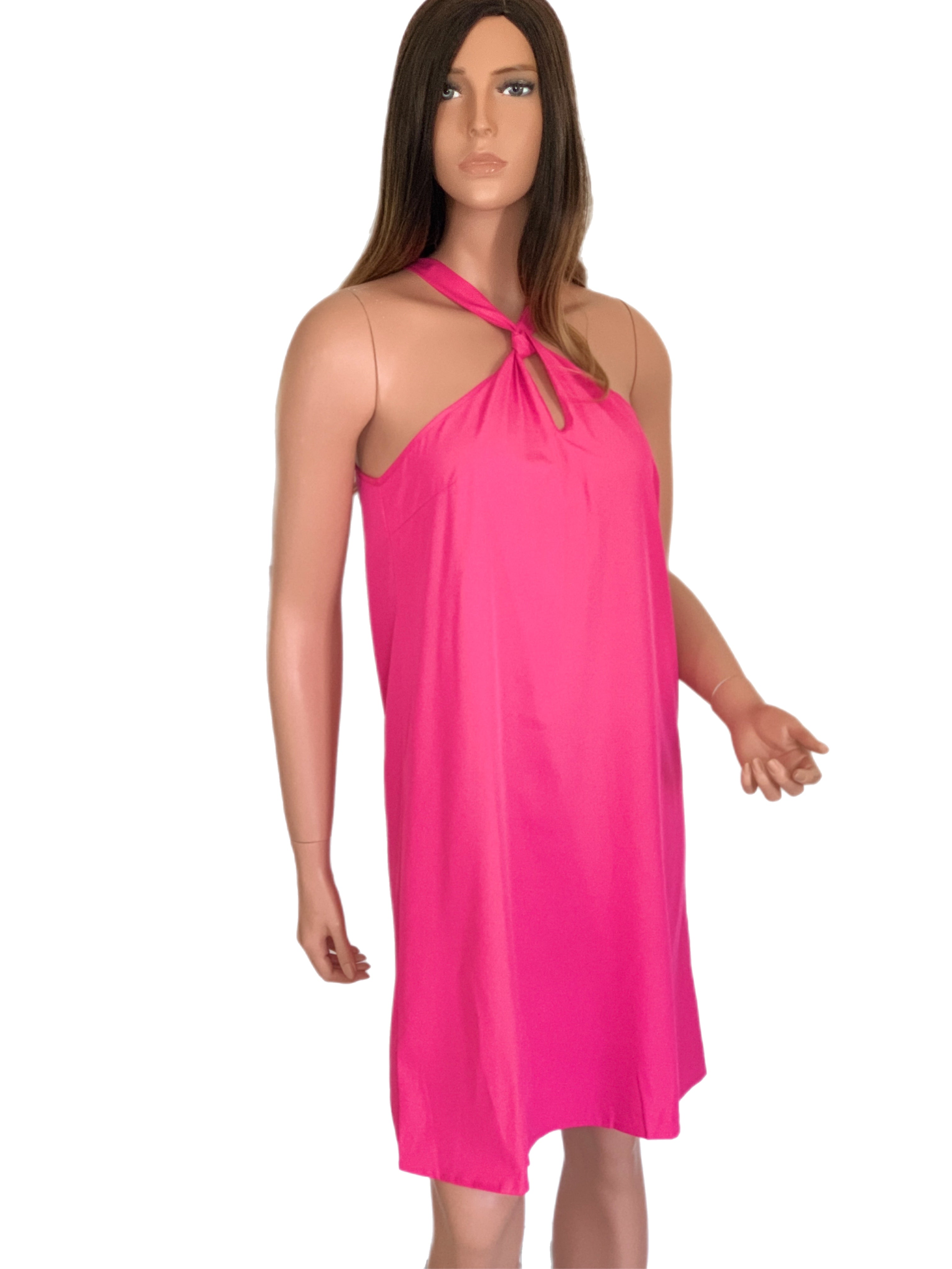 Fuchsia Pink Halter Tie Back Silky Dress