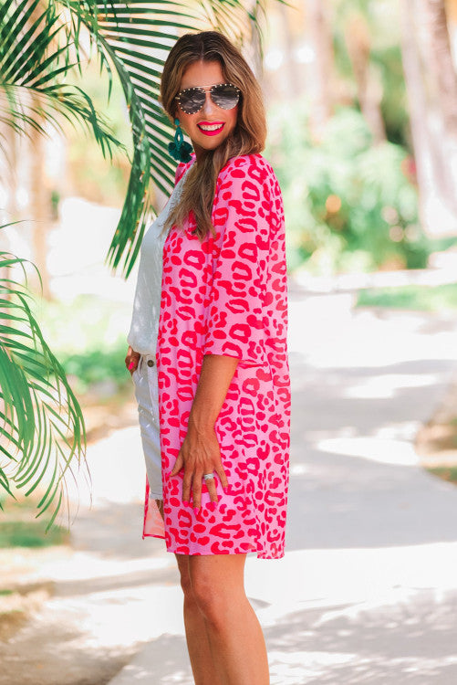 Pink Red Leopard Print Kimono