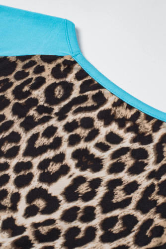 Turquoise Brown Leopard Print Raglan Jersey Top