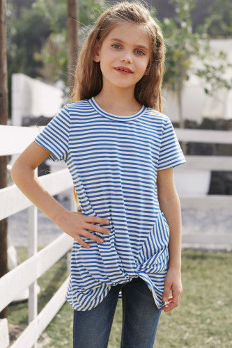 Girls Blue Striped Short Sleeve Front Twist Top