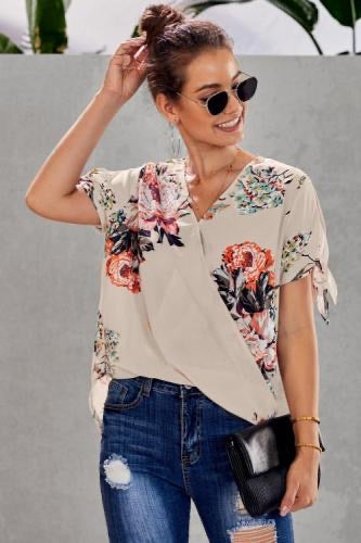 Apricot Floral Drape Over Short Sleeve Blouse