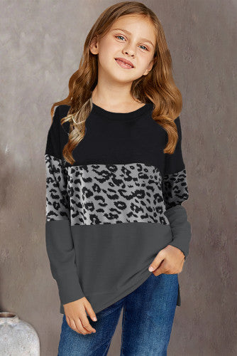 Girls Black Leopard Print Color-block Sweatshirt