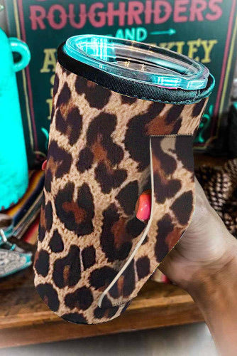 Leopard print slip on travel mug cover.  Fits 20 oz mugs