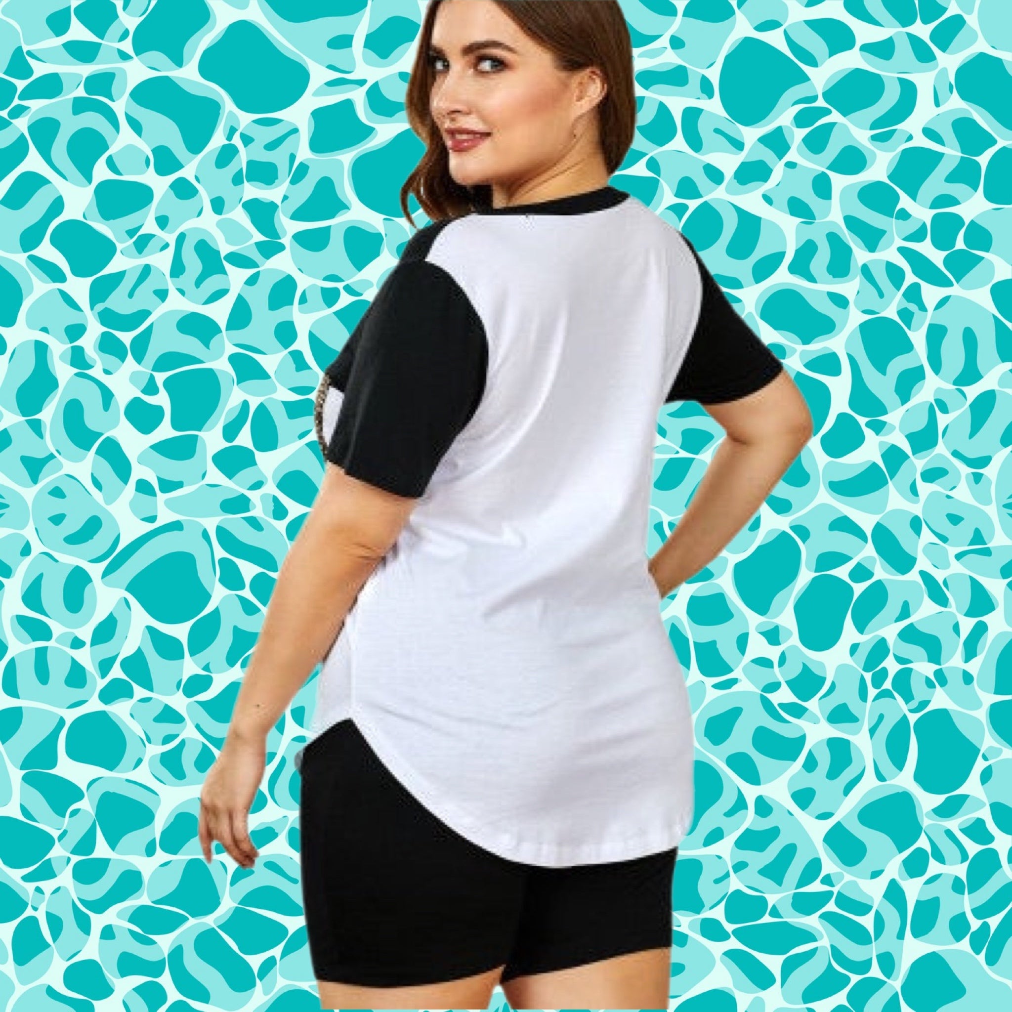 Curvy Size Black Leopard Pocket Tee & Shorts Lounge Set