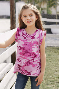 Girls Pink Camo Print Flounced Sleeveless Top