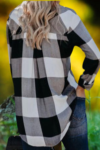 Black Plaid Button Down Blouse with High/Low Hem