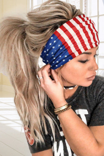 American flag wide headband. One size fits most. Made of polyester.