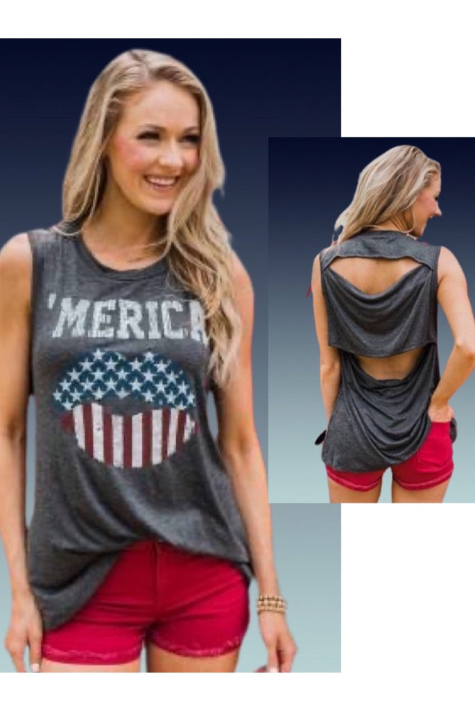 ’Merica Flag Lips Cut Out Back Sleeveless Top