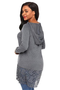 Cute Lace Trim Oversize Hoodie. Embroidered floral lace at the curved hem and hoodie makes this one of the prettiest pullovers we've seen. In tissue-weight jersey knit, with raglan sleeves in versatile color, it will be a best-loved this season.   Features   •Hooded shirt in casual oversize fit   •Delicate floral lace detailing the hood and hemline   •Made of soft quality jersey fabric, comfortable to wear  True to size/ roomy 
