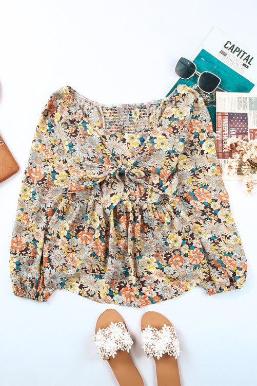Colorful Fall Floral Crossover Front Tie Blouse