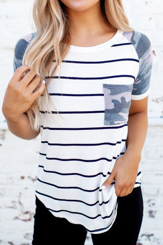White Black Striped Camo Pocket Tee