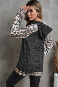 Gray Brushed Leopard Print Color Block Double Hooded Sweatshirt