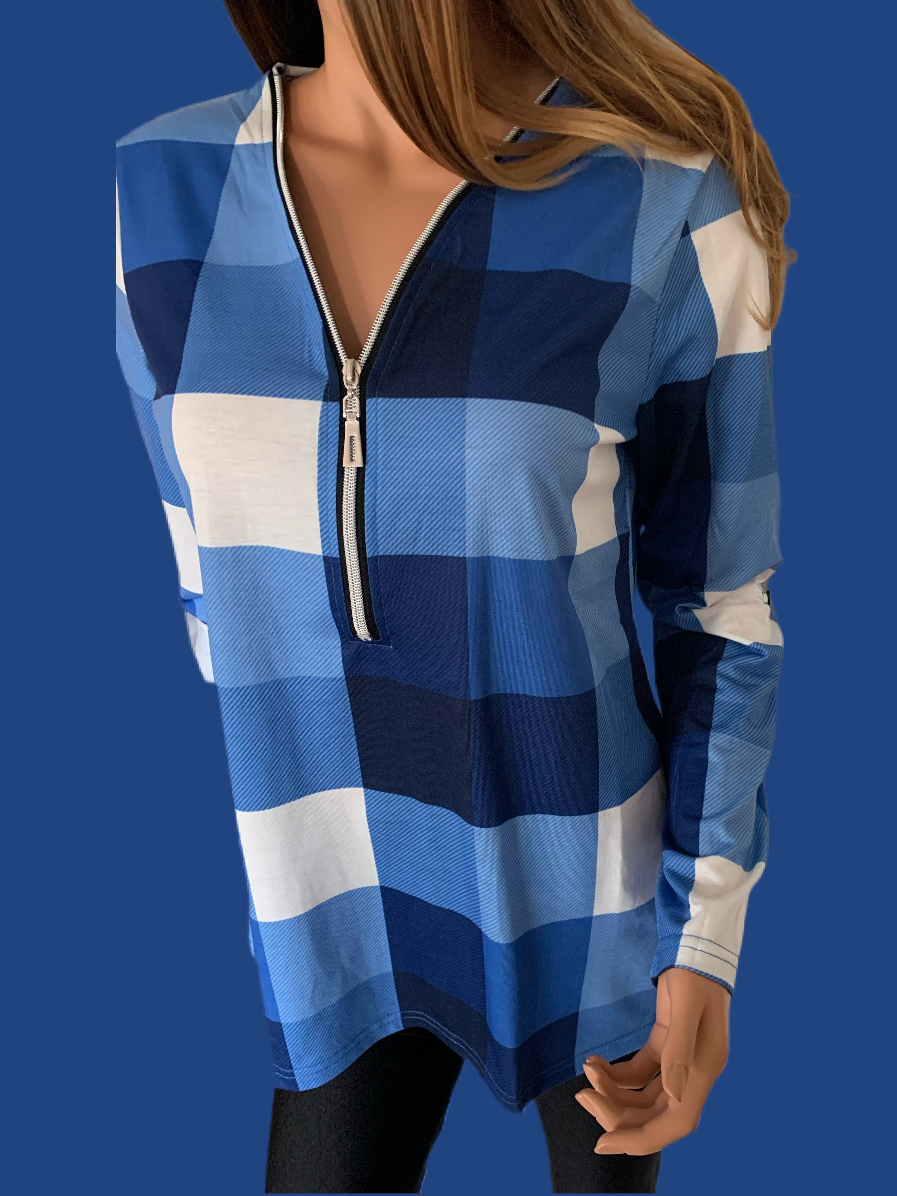 Blue Plaid Half Zip Long Sleeves Casual Shirt