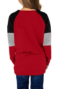 Girls Red Black Striped Colorblock Pullover with Pockets