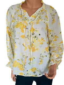 Yellow Floral Ruffly V-Neck Blouse