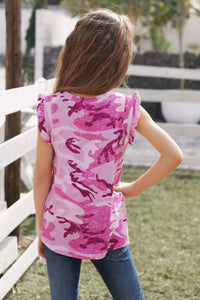 Girls Pink Camo Print Flounced Sleeveless Top