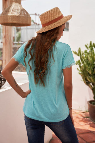Mint Green Lace Trim V-Neck Cap Sleeve Tee