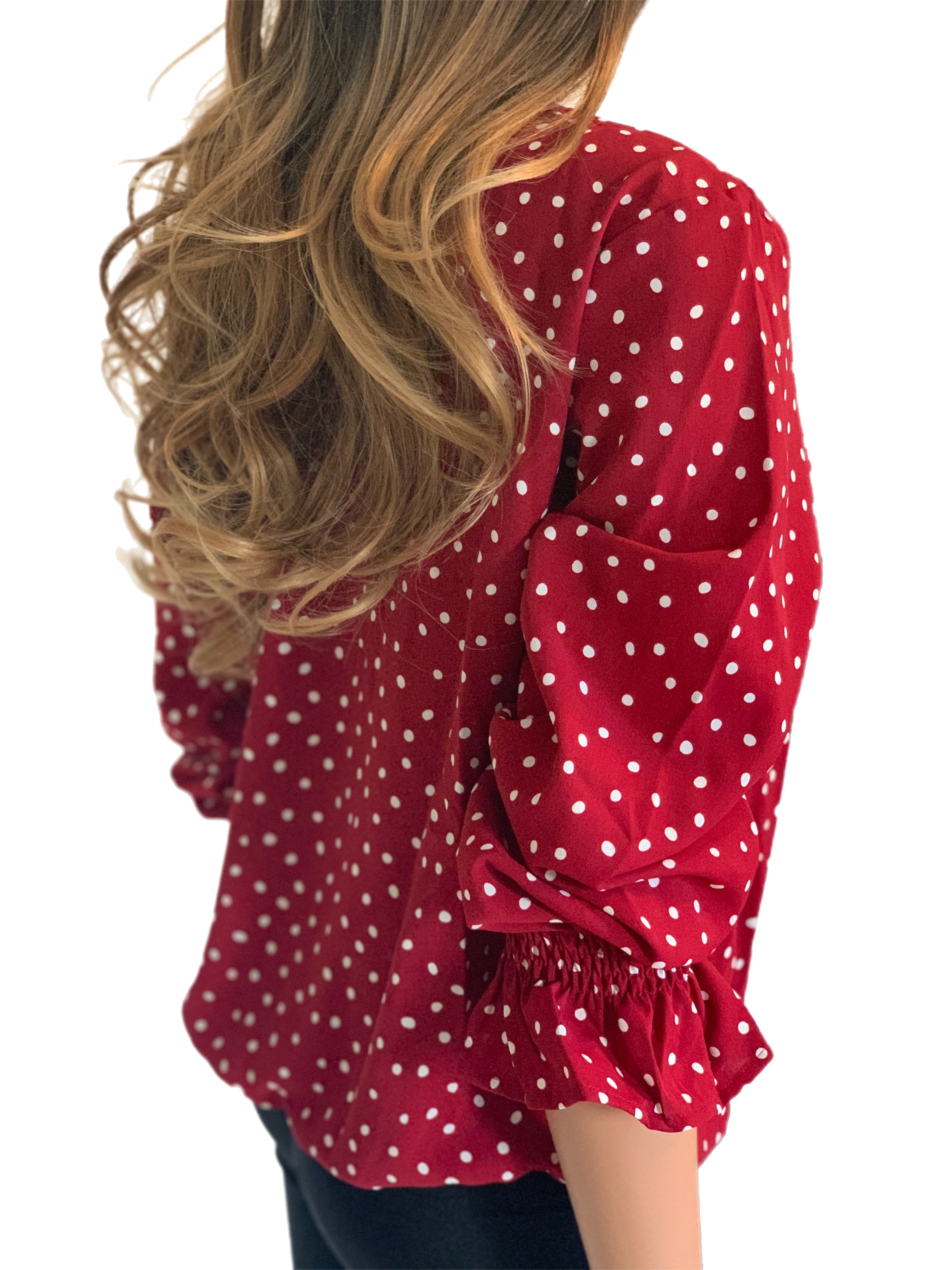 Paprika Polka Dot V-neck Ruffly Sleeve Blouse