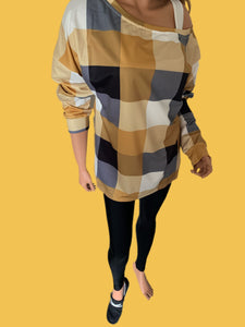 Harvest Gold Plaid Round Neck Long Sleeve Shirt