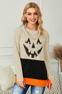 Cowl Neck Pumpkin Print Color Block Halloween Sweatshirt