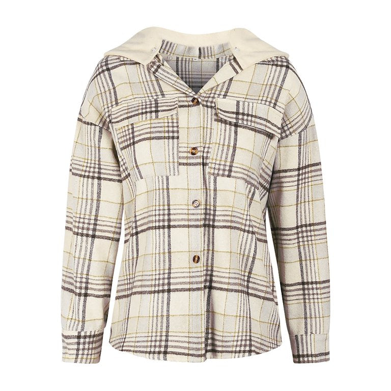 Brown/Cream Plaid Detachable Hooded Shacket