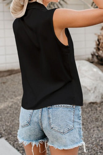 Draped Silky Black Sleeveless Blouse