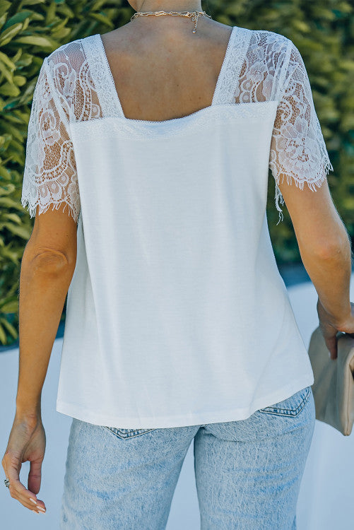 White Lace Sleeve V Neck Tee Final sale!