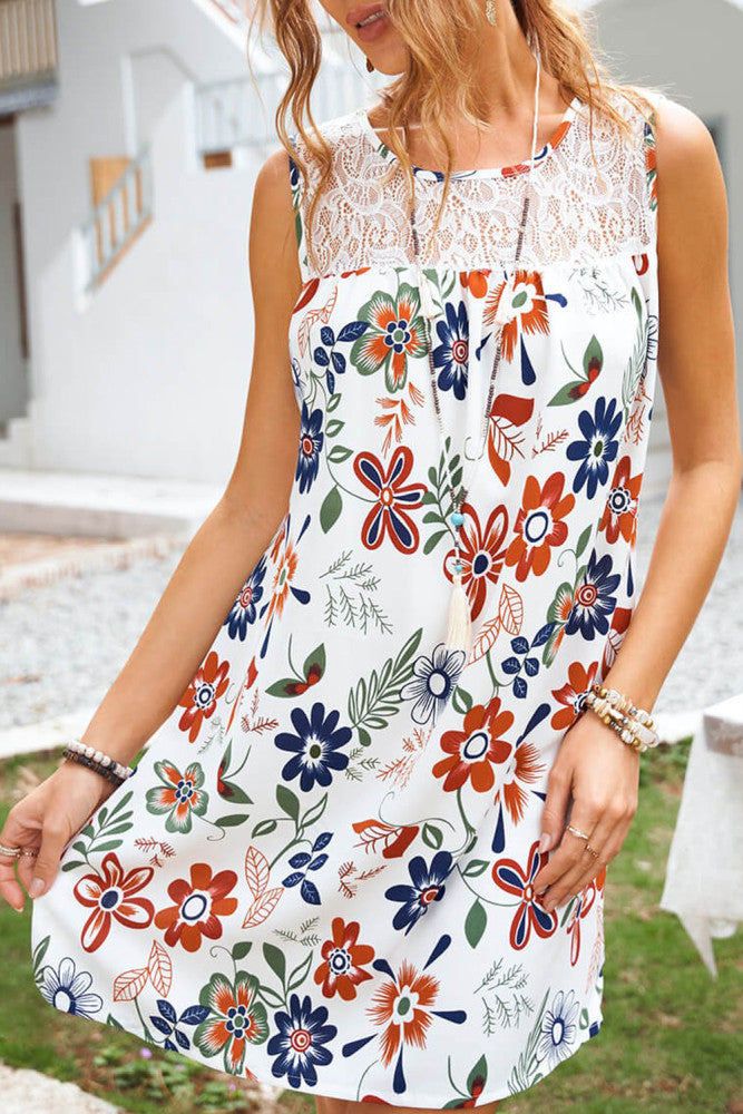 Blue and Orange Floral Lace Trim Sleeveless Sundress