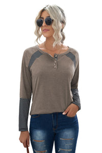 Brown Casual Striped Accent Crew Neck Henley Shirt