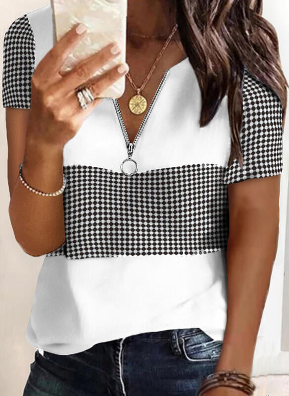 Black Polka Dot Zip Short Sleeve Knit Tee