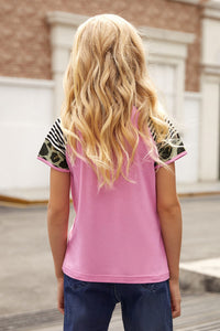 Girls Pink Striped Leopard Print Sleeve Tee