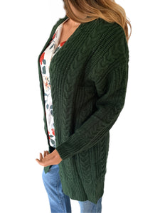 Dark Pine Cable Knit Open Front Cardigan Sweater