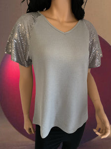 Gray Waffle Knit Sequined Short Sleeve Top