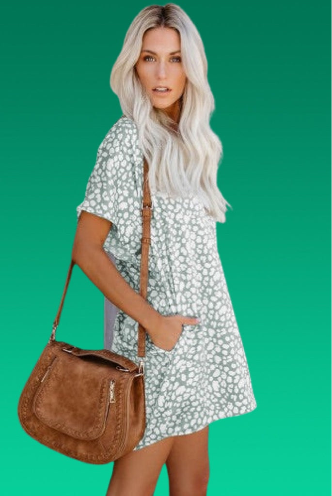Sage leopard print silky smooth cotton blend flowy mini dress with pockets. Very roomy! Could downsize. 