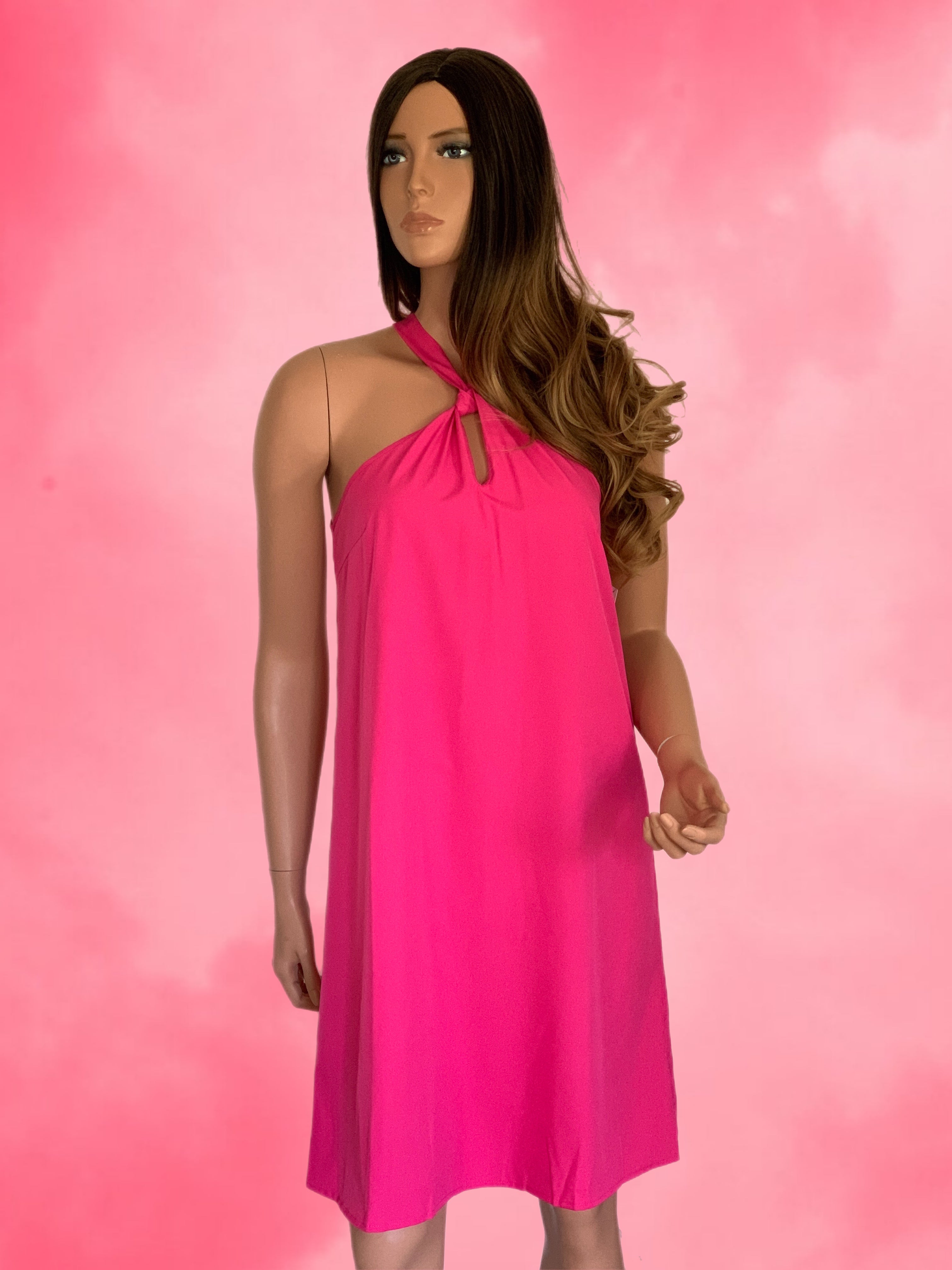 Fuchsia Pink Halter Tie Back Silky Dress