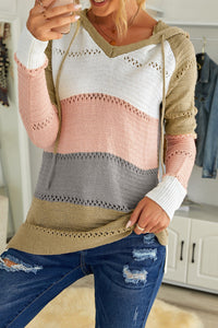 Sand and Peach Color-block Hooded Knit Sweater