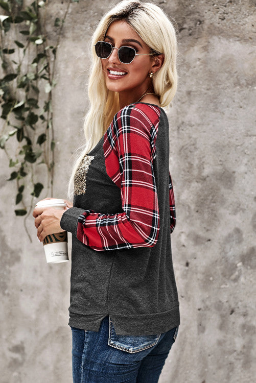 Classic Red Plaid Sequined Pocket Long Sleeve Top